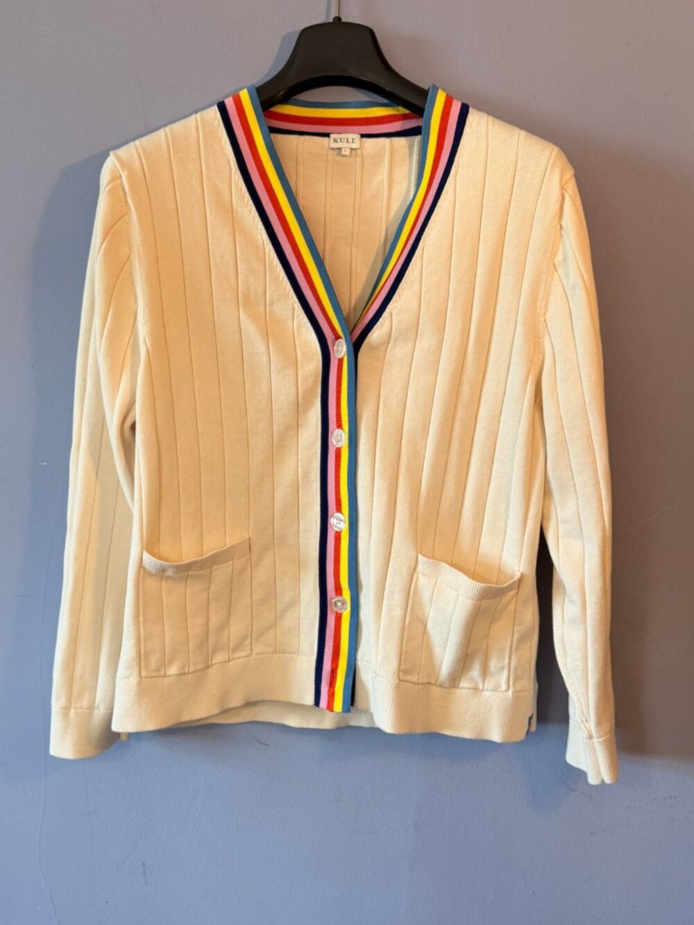 KULE The Binx Cardigan Womens L Cream Rainbow Stripe Trim V Neck Ribbed